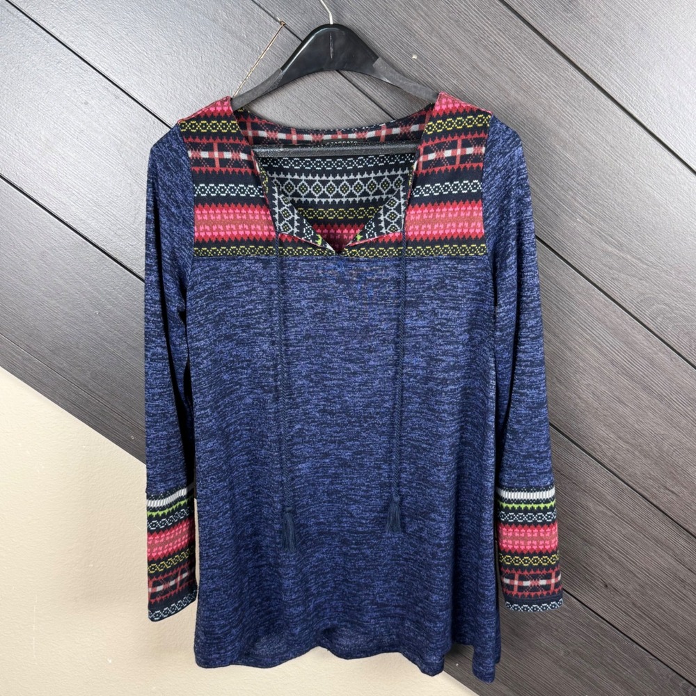 Staccato Women's Fair Isle Tunic Top Small Navy Multicolor Boho Tie Neck